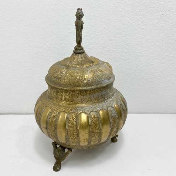Vintage Hindu Goddess Laxmi Large Brass Pot & Lid Prosperity Abundance Light - Picture 4 of 11